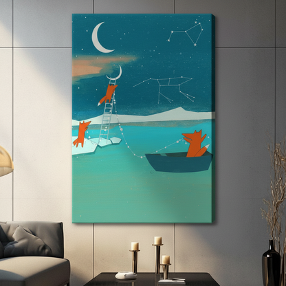 Whimsical Fox Constellation Night Sky Canvas Art