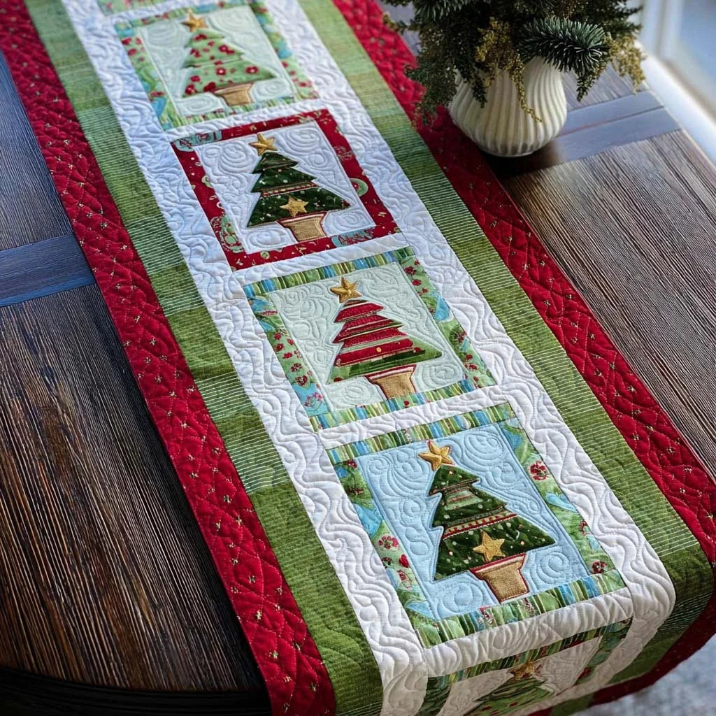 Framed Christmas Trees Quilted Table Runner
