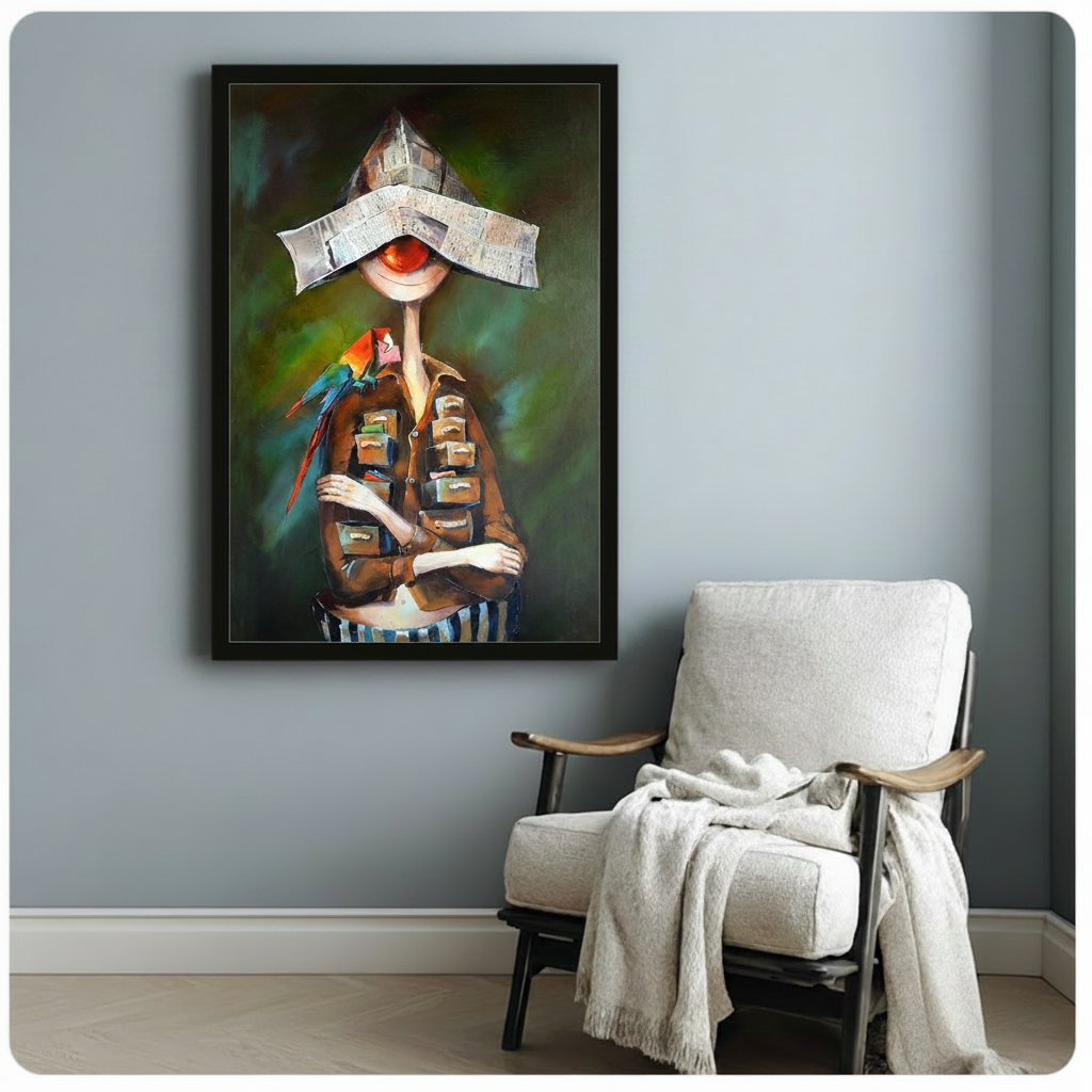 Surreal Newspaper Hat Figure Canvas Wall Art