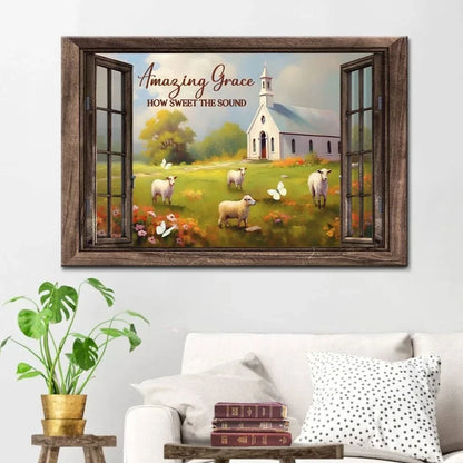christian wall art amazing grace how sweet the sound canvas sheep church in field (Landscape) (view 3)