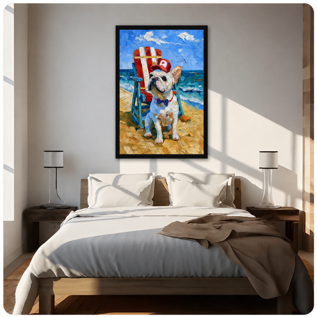 French Bulldog Beach Oil Painting Canvas Wall Art