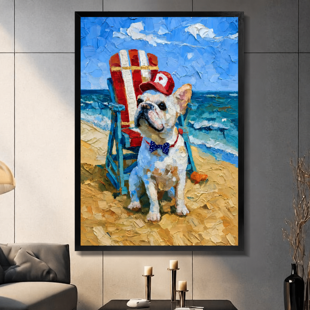French Bulldog Beach Oil Painting Canvas Wall Art