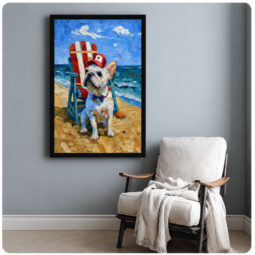 French Bulldog Beach Oil Painting Canvas Wall Art