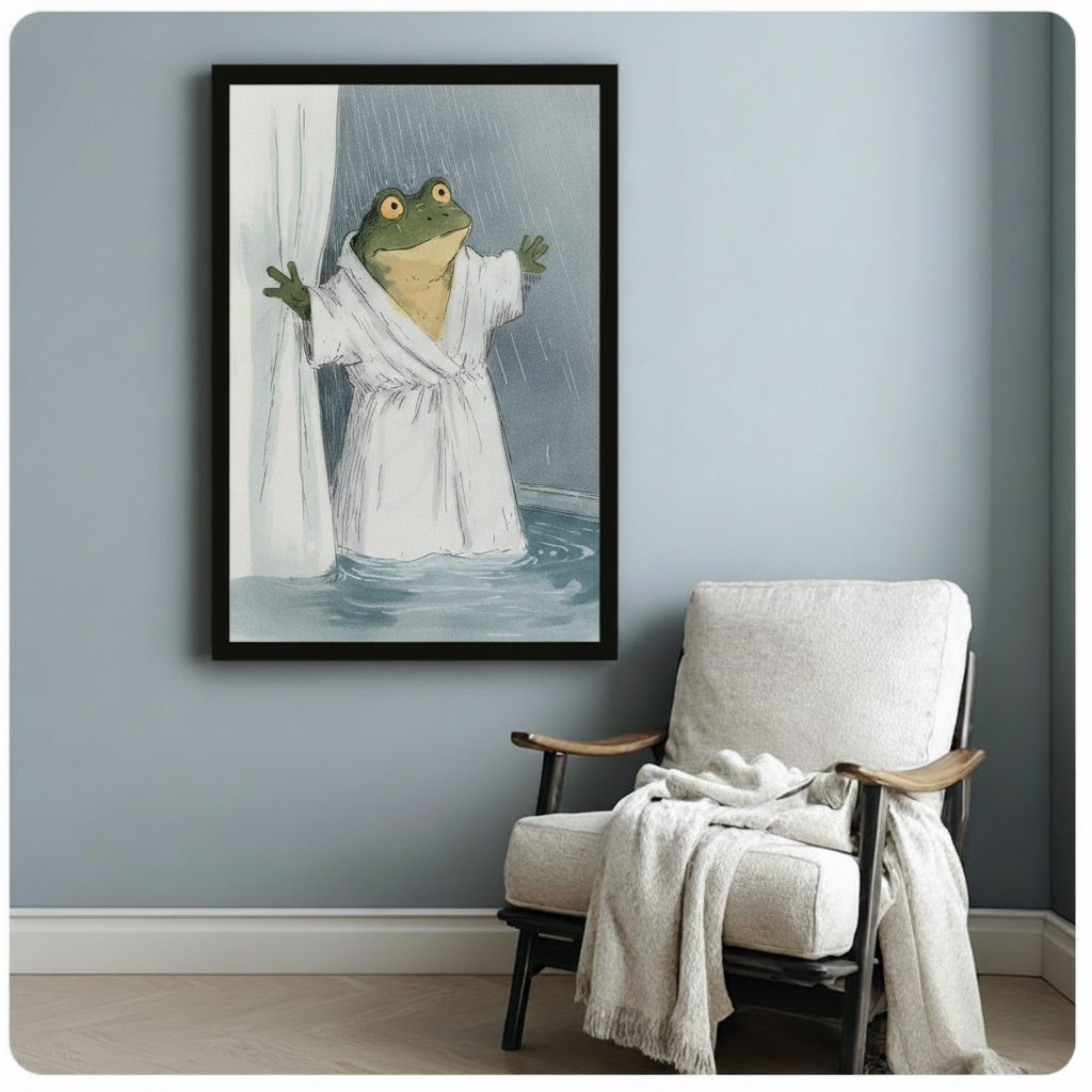 Frog in Bathrobe Shower Funny Wall Art