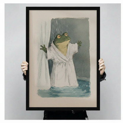 Frog in Bathrobe Shower Funny Wall Art