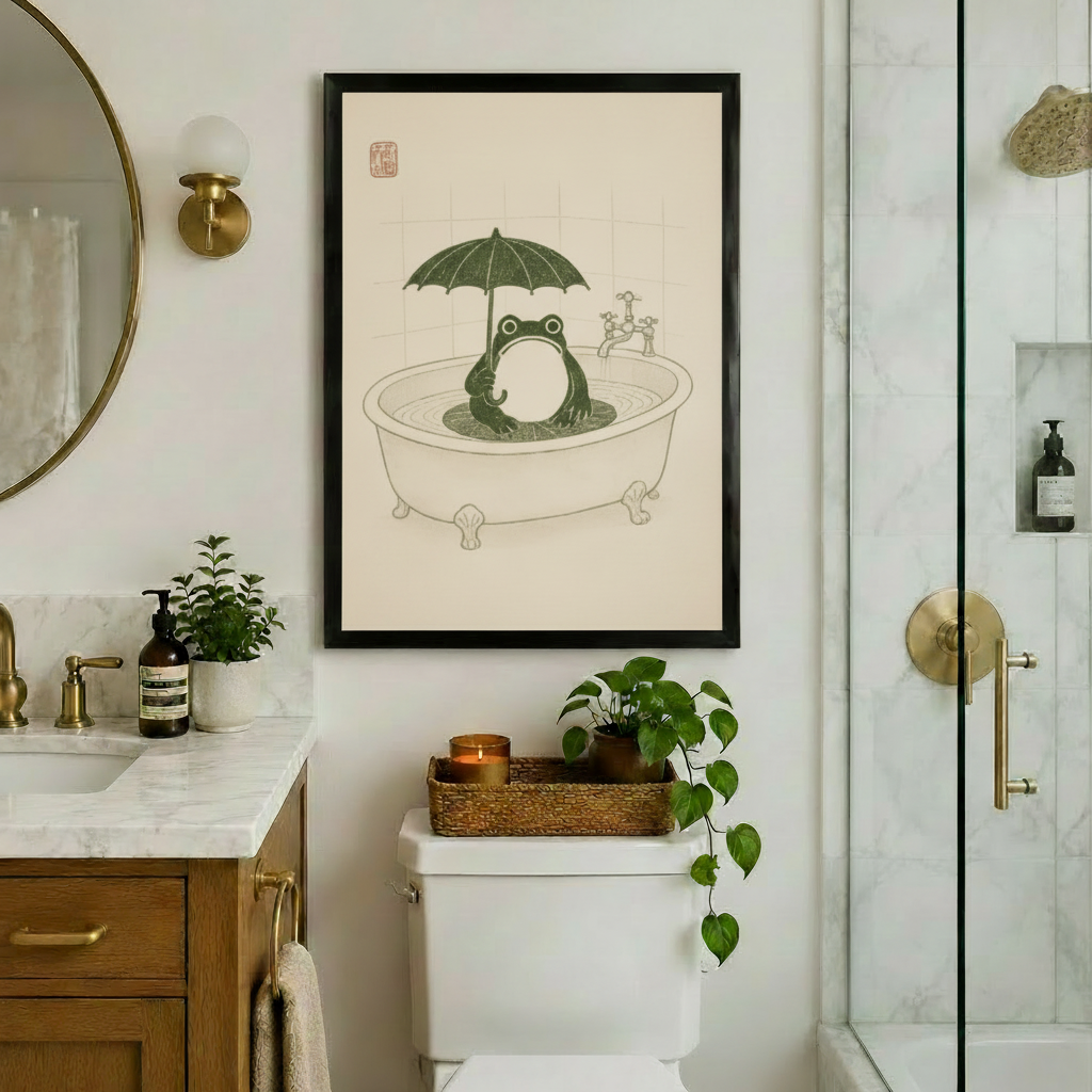 Bathtub Frog Umbrella Japanese Canvas Art Wall Art