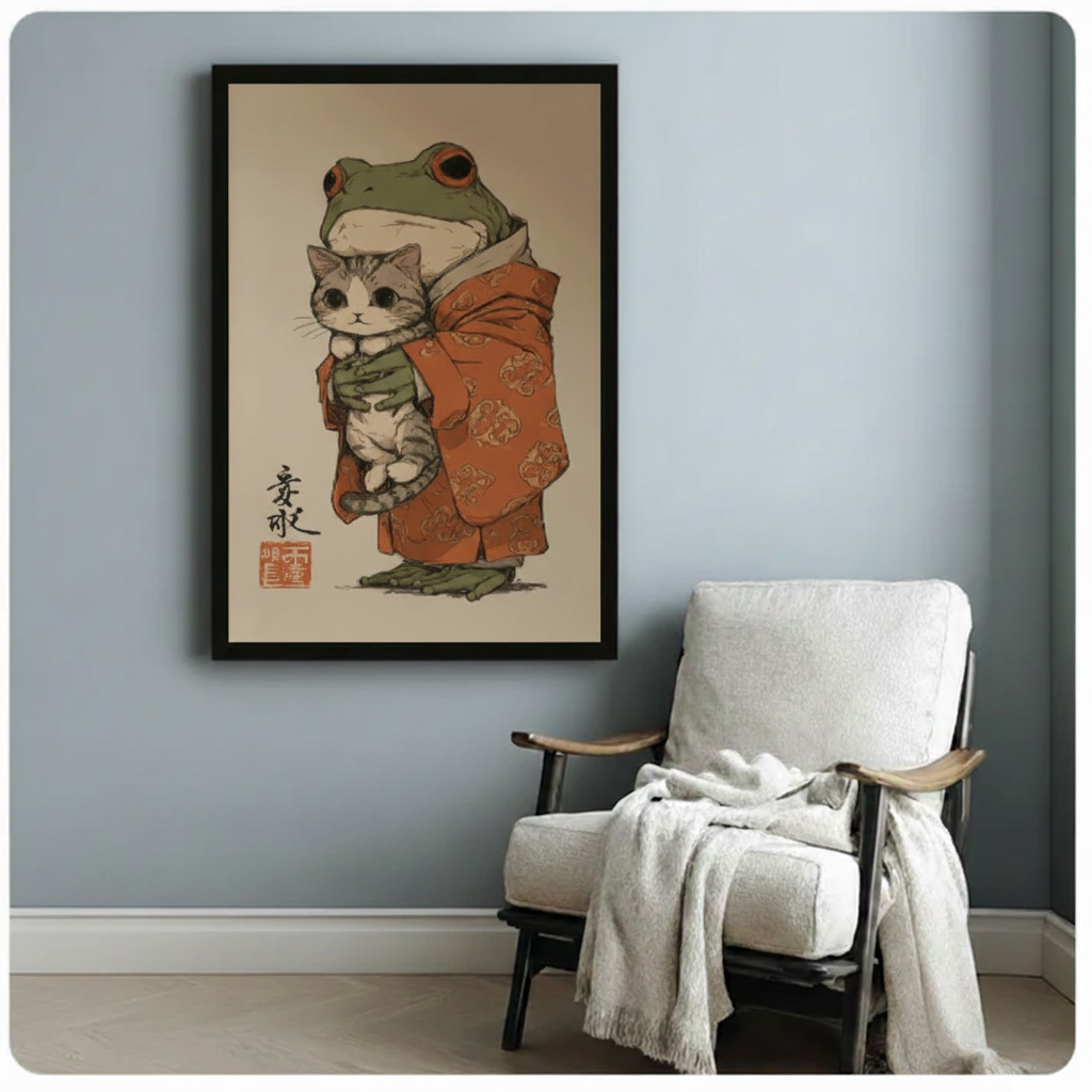 Frog & Cat Japanese Folk Art Canvas Print Wall Art