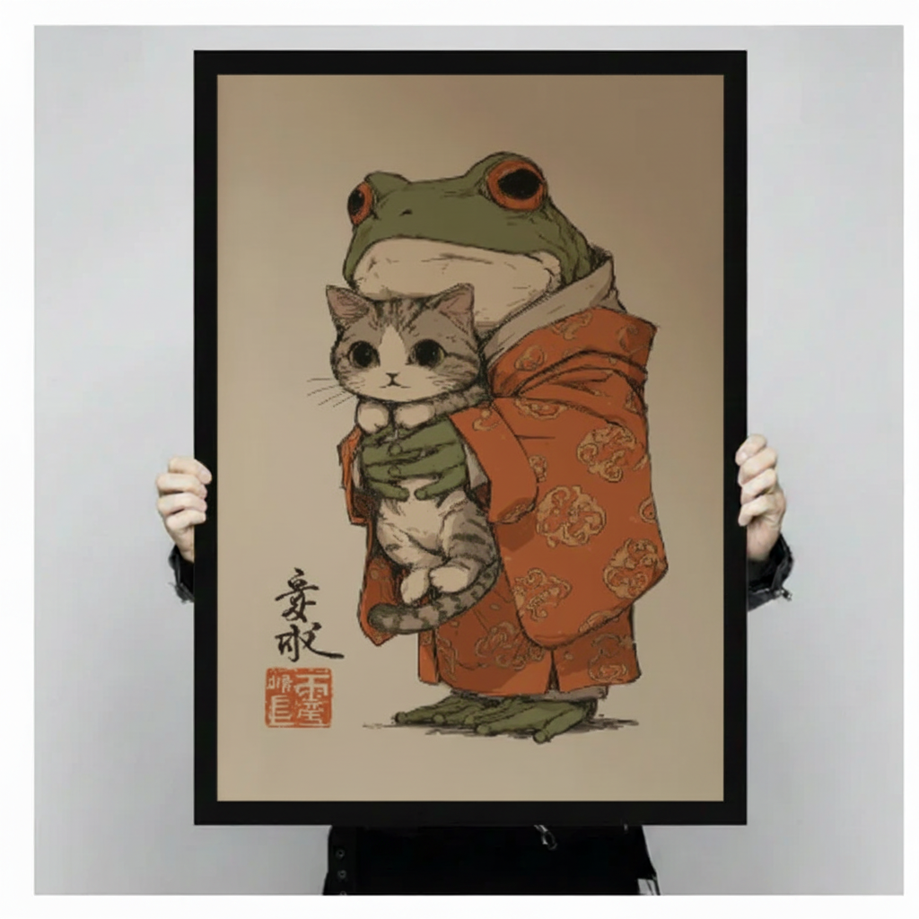 Frog & Cat Japanese Folk Art Canvas Print Wall Art