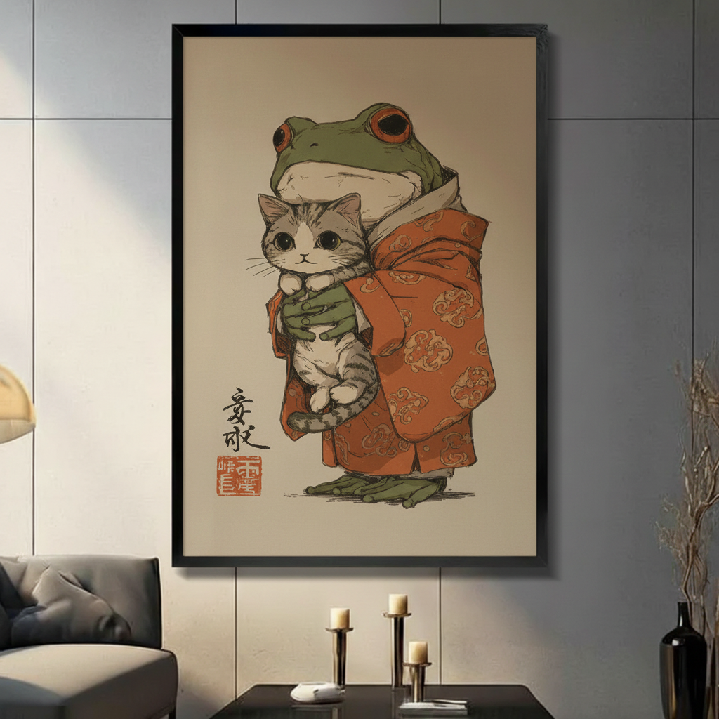 Frog & Cat Japanese Folk Art Canvas Print Wall Art