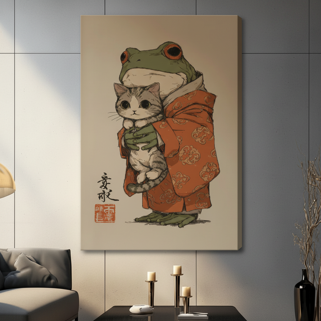 Frog & Cat Japanese Folk Art Canvas Print Wall Art
