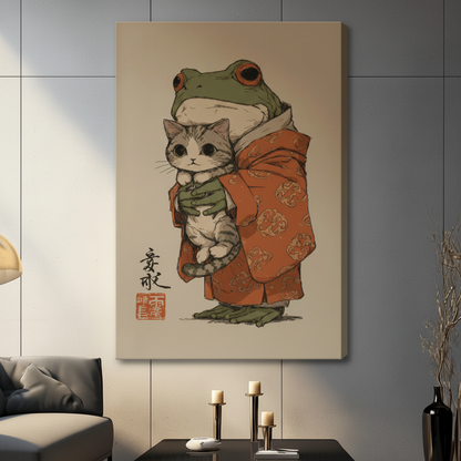 Frog & Cat Japanese Folk Art Canvas Print Wall Art