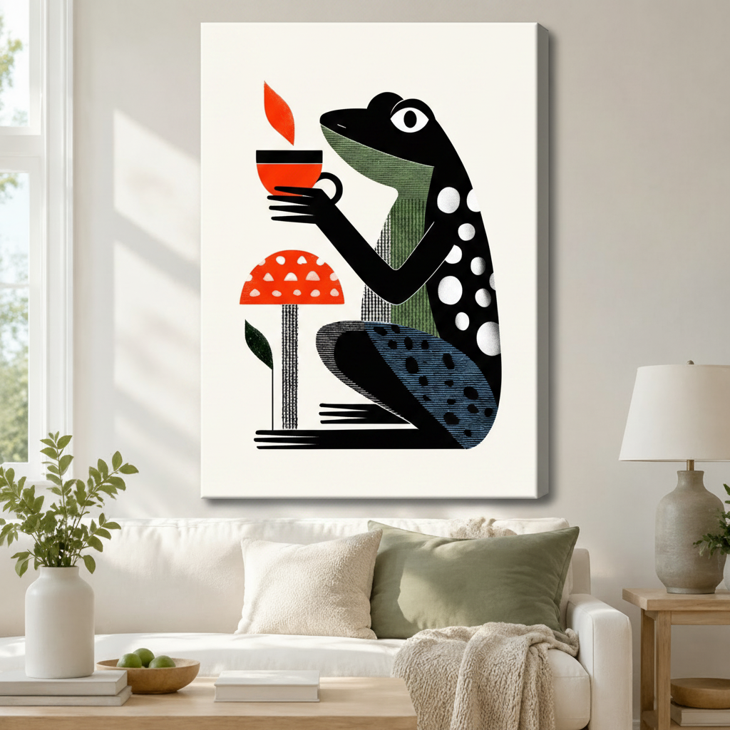 Retro Frog Coffee Mushroom Canvas Wall Art