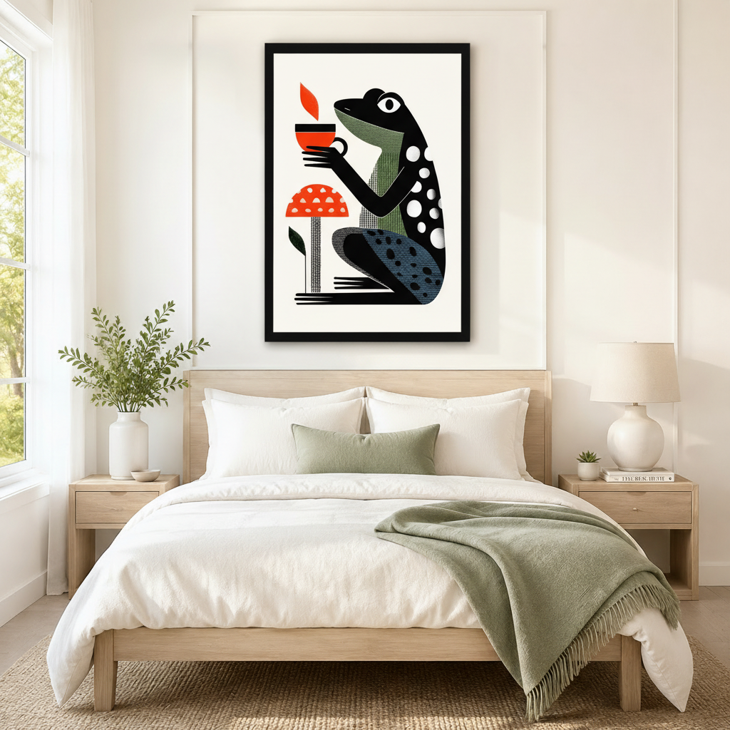 Retro Frog Coffee Mushroom Canvas Wall Art