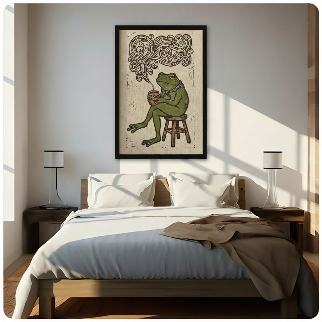 Retro Frog Coffee Framed Canvas Art Wall Art