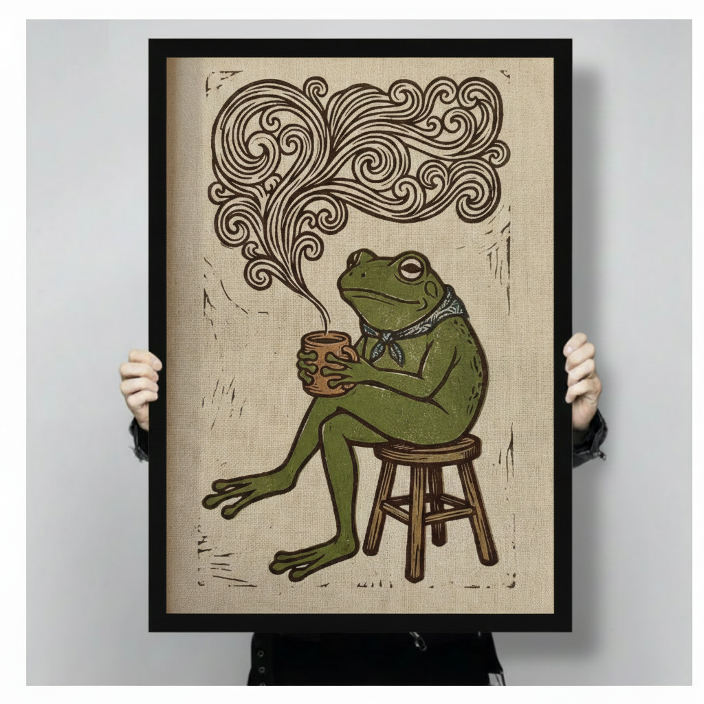 Retro Frog Coffee Framed Canvas Art Wall Art