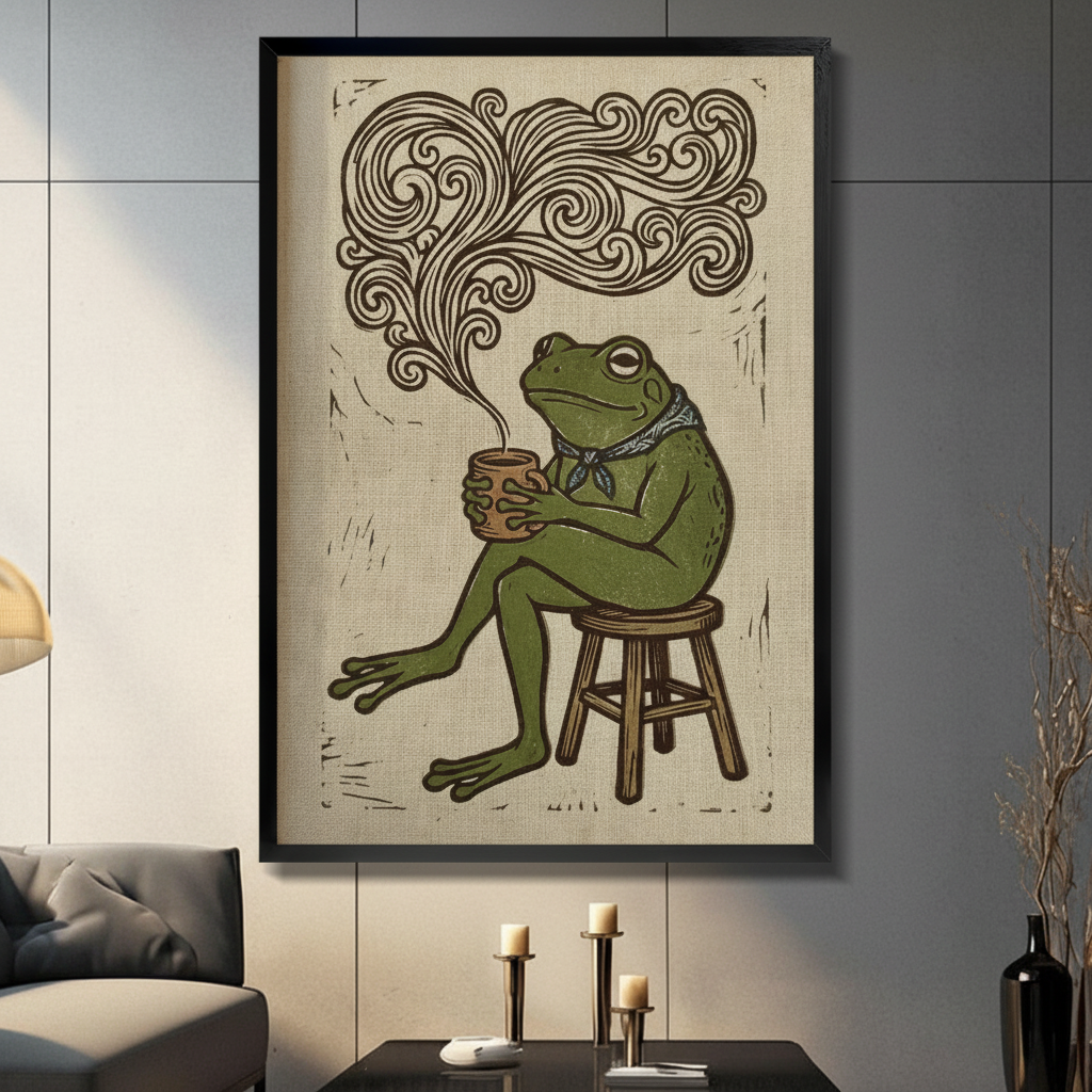 Retro Frog Coffee Framed Canvas Art Wall Art