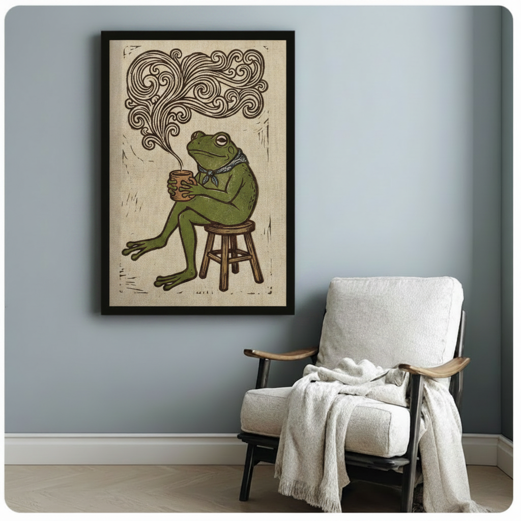 Retro Frog Coffee Framed Canvas Art Wall Art