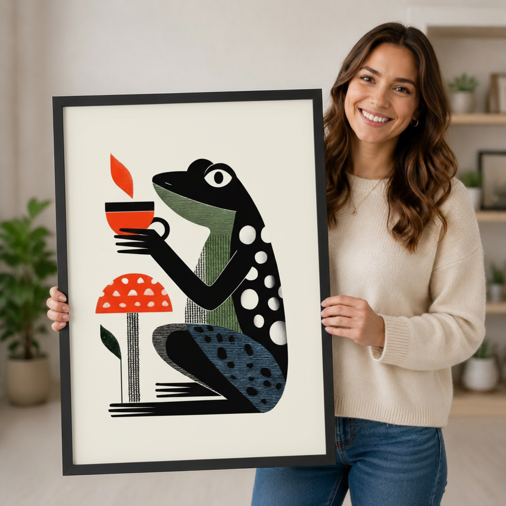 Retro Frog Coffee Mushroom Canvas Wall Art