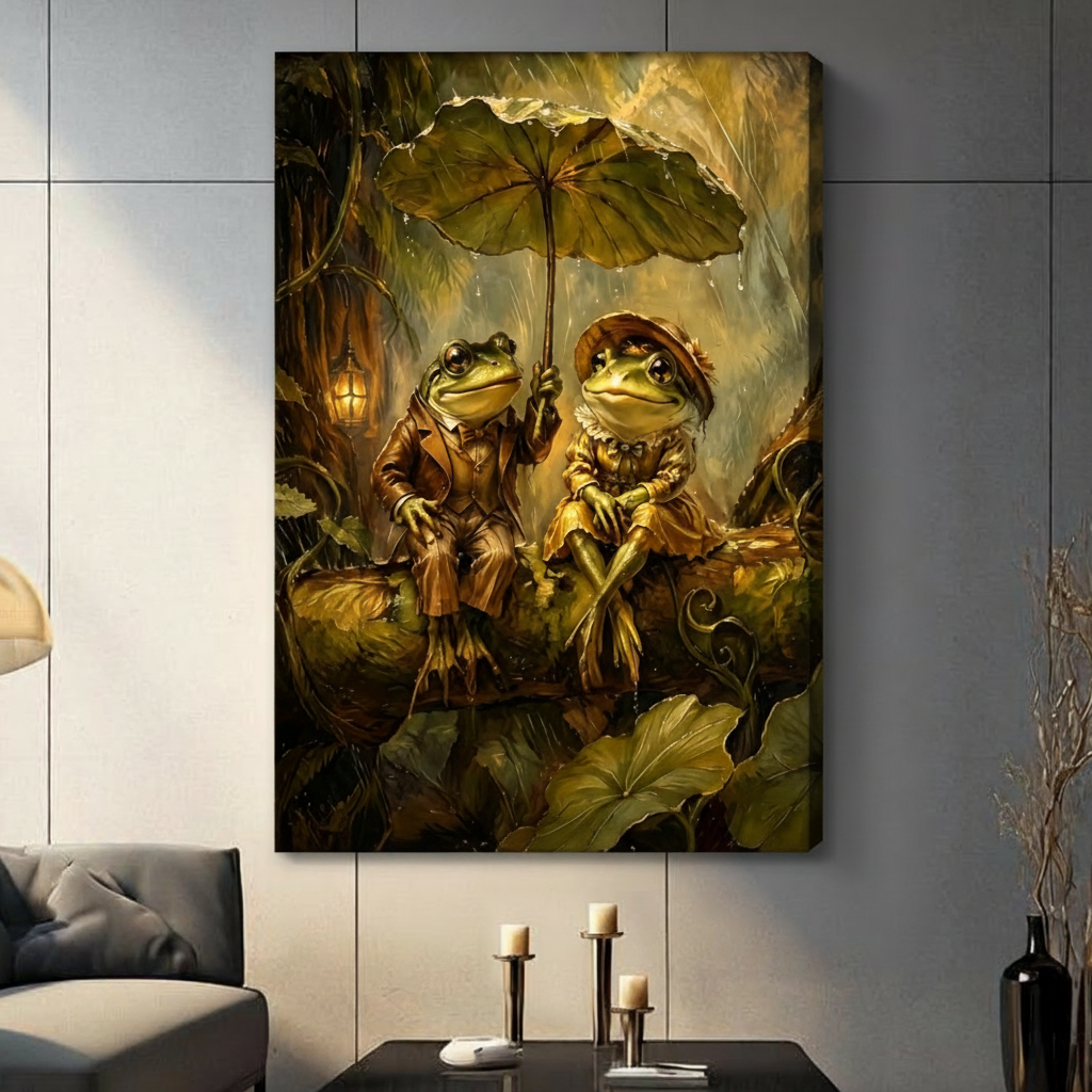 Frog Couple Rainy Day Whimsical Fantasy Canvas Art