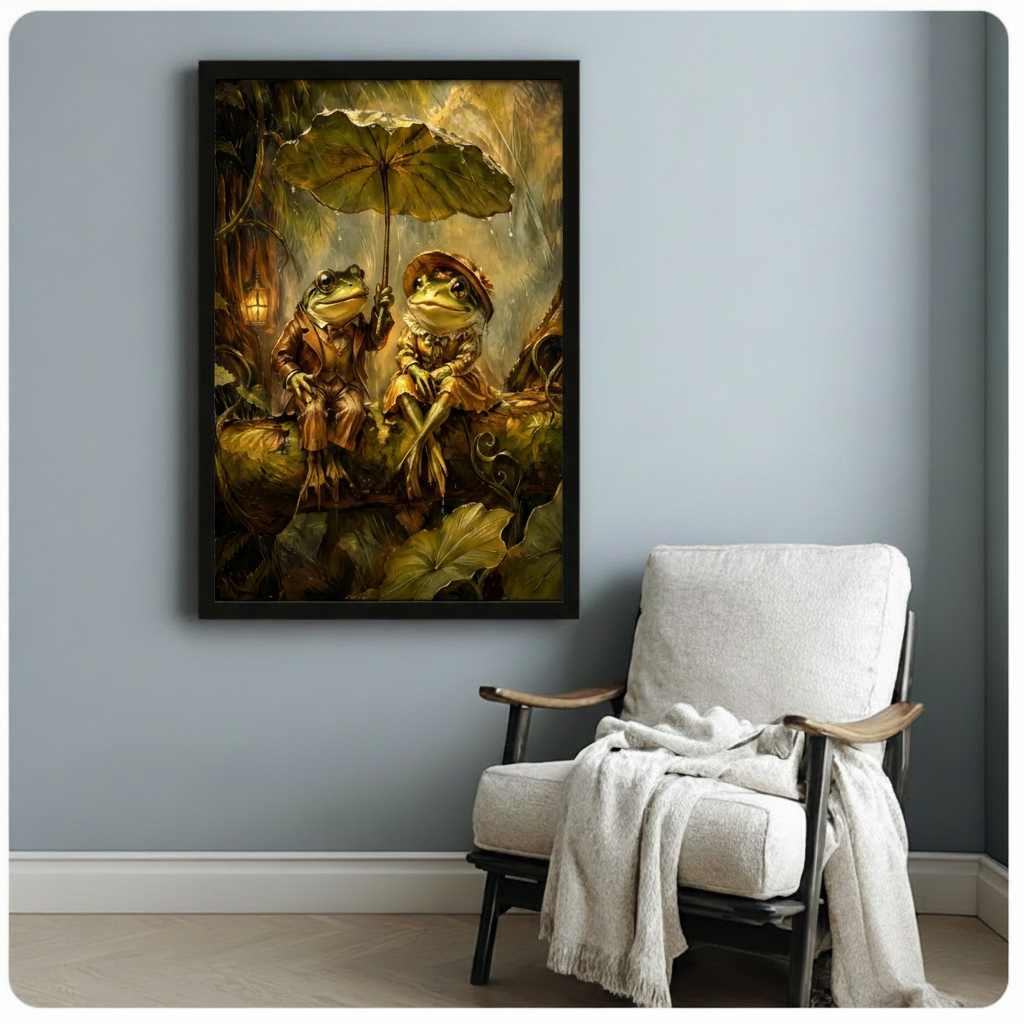 Frog Couple Rainy Day Whimsical Fantasy Canvas Art