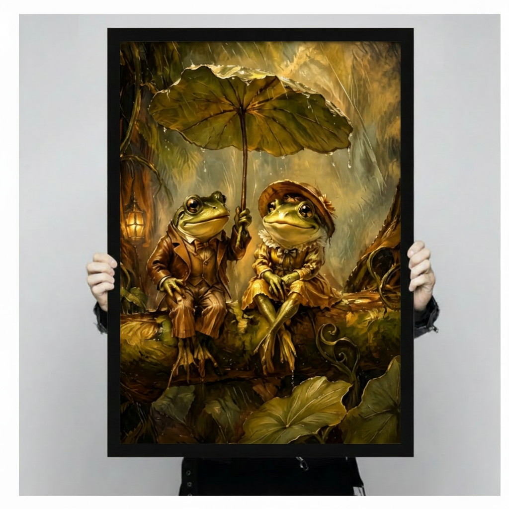 Frog Couple Rainy Day Whimsical Fantasy Canvas Art