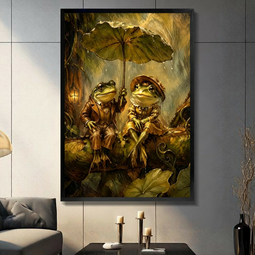 Frog Couple Rainy Day Whimsical Fantasy Canvas Art