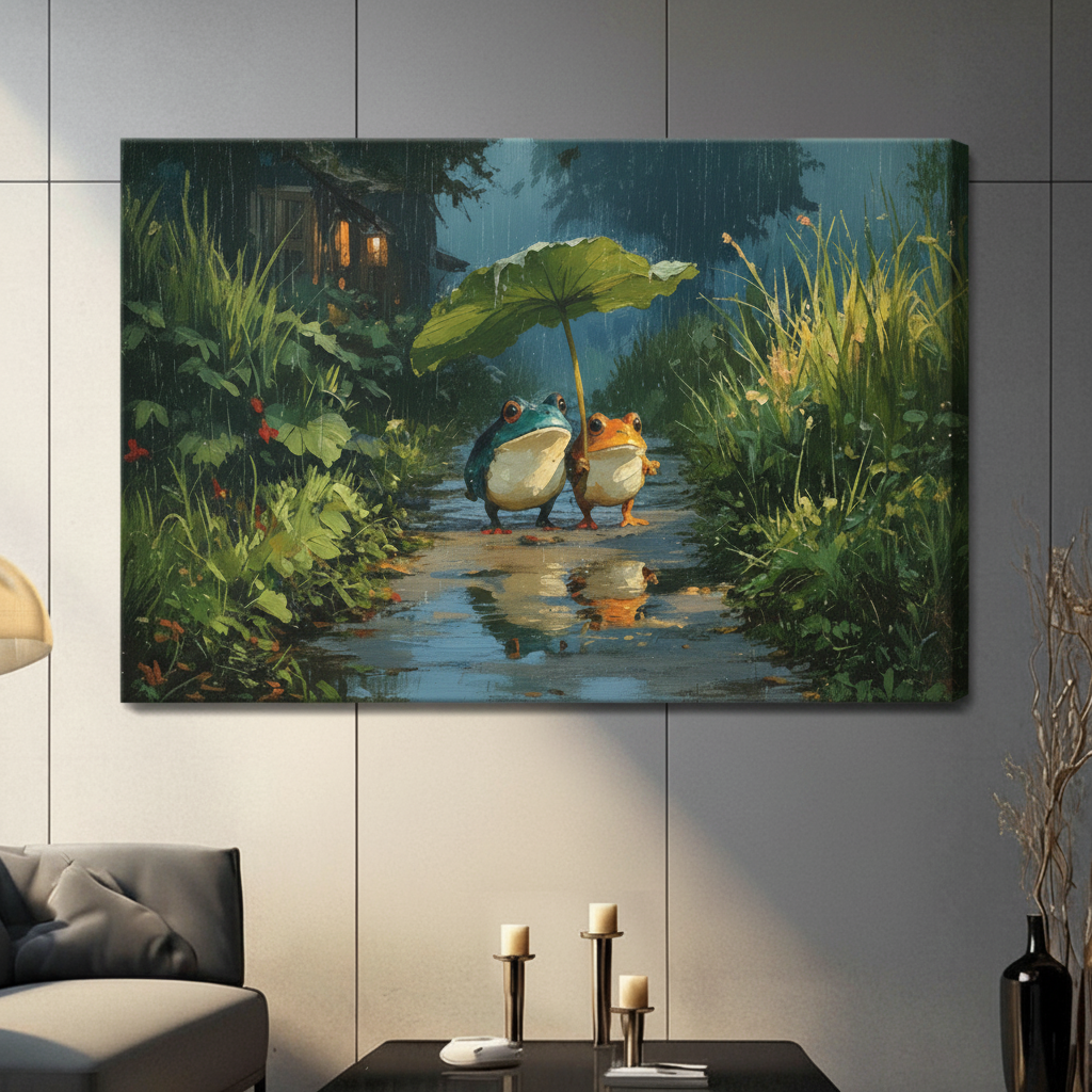 Rainy Night Frogs Romantic Whimsical Canvas Art