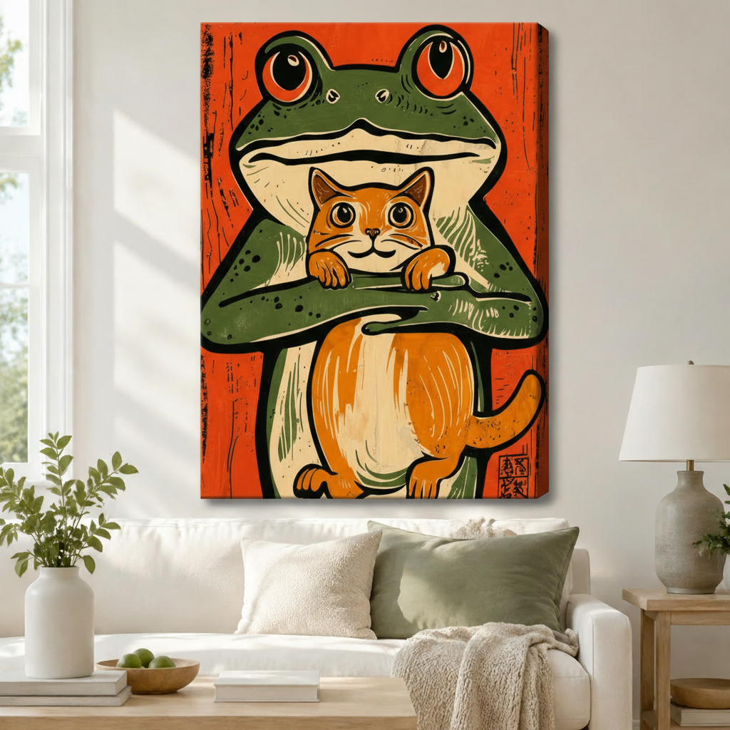 Japanese Woodblock Frog Cat Canvas Wall Art