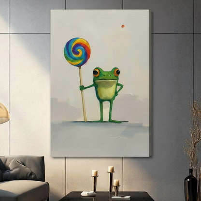 Cute Frog Rainbow Lollipop Oil Painting Canvas Art
