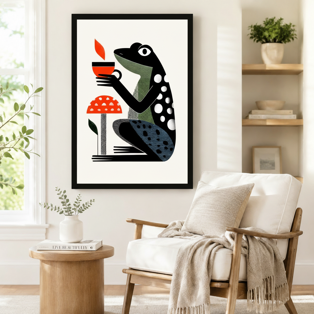 Retro Frog Coffee Mushroom Canvas Wall Art