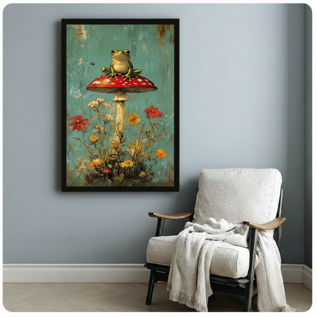 Whimsical Frog Mushroom Vintage Canvas Wall Art