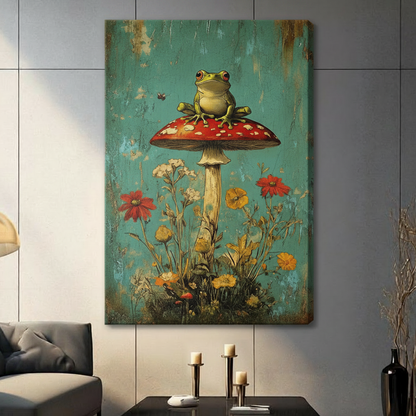 Whimsical Frog Mushroom Vintage Canvas Wall Art