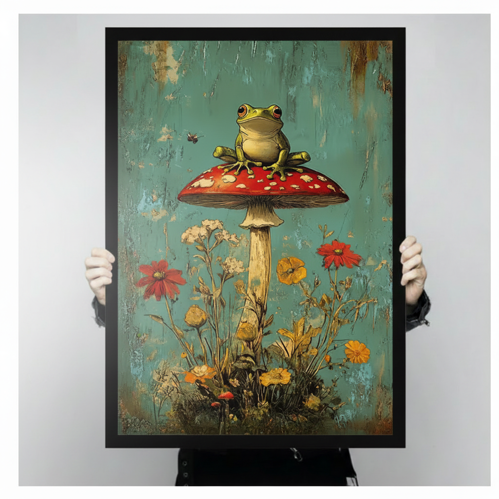 Whimsical Frog Mushroom Vintage Canvas Wall Art
