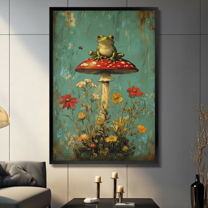 Whimsical Frog Mushroom Vintage Canvas Wall Art