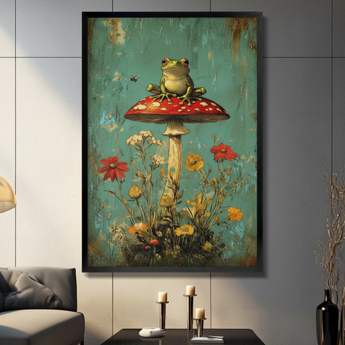 Whimsical Frog Mushroom Vintage Canvas Wall Art