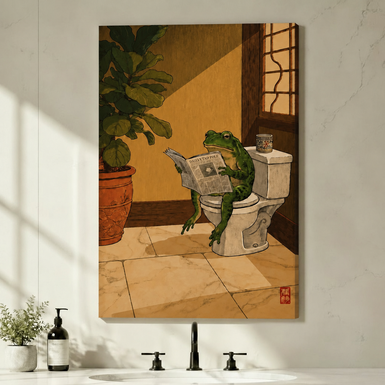 Frog Reading Newspaper Toilet Funny Canvas Art