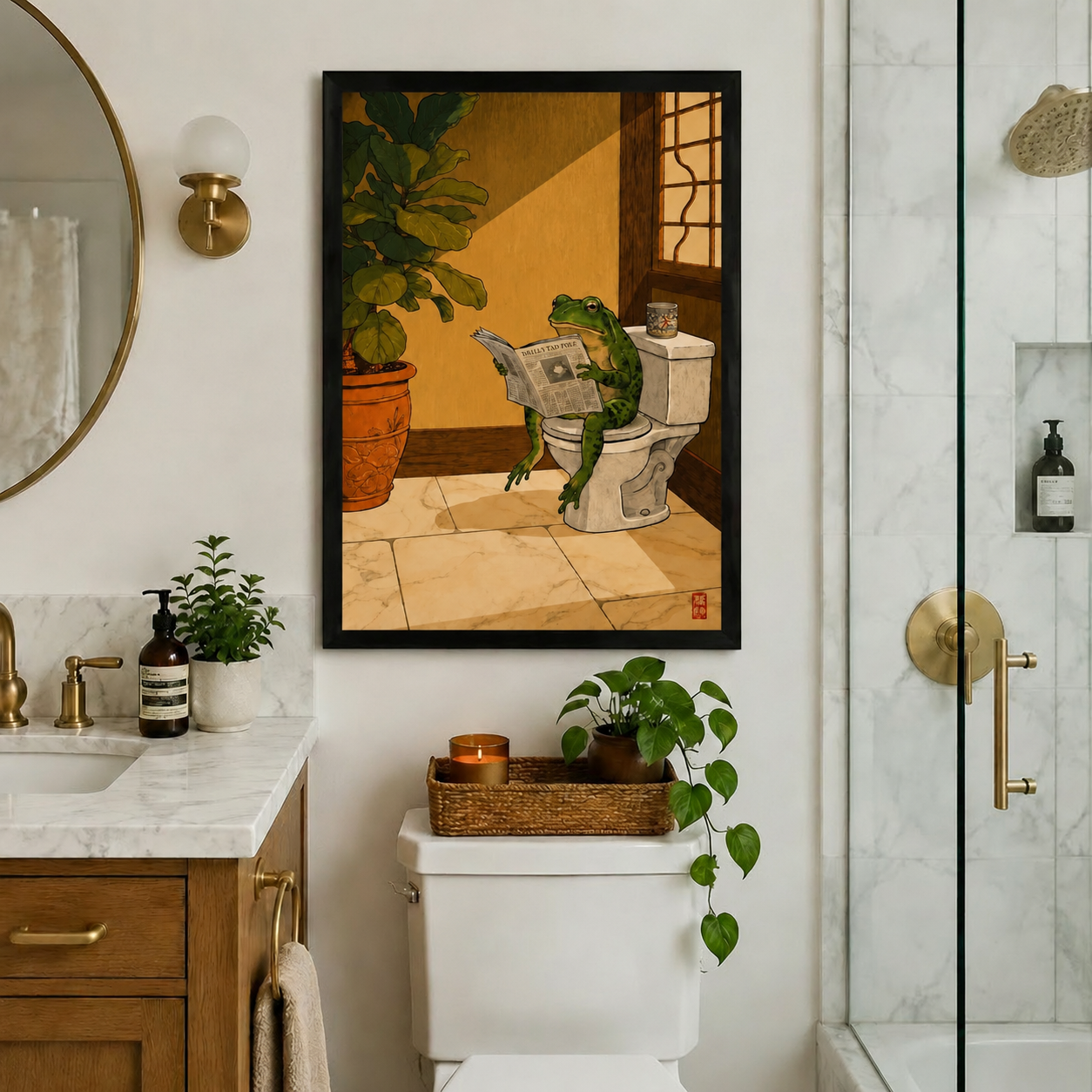 Frog Reading Newspaper Toilet Funny Canvas Art
