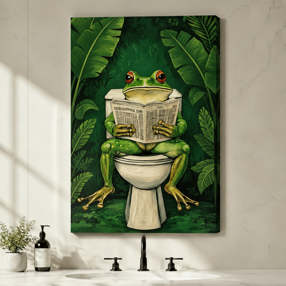Frog Reading Newspaper Tropical Bathroom Canvas Art