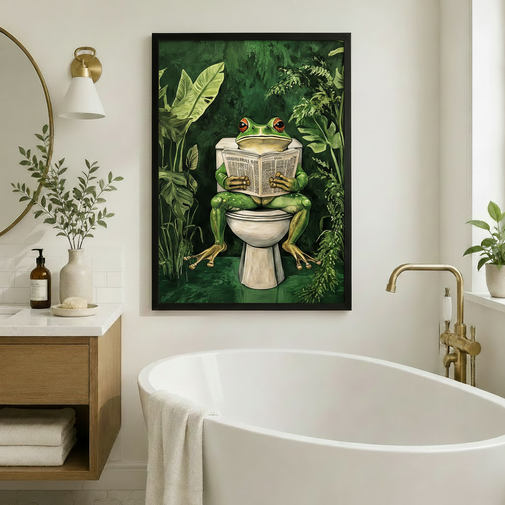 Frog Reading Newspaper Tropical Bathroom Canvas Art