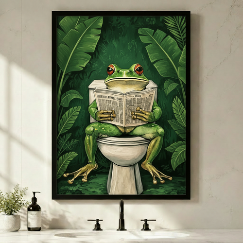 Frog Reading Newspaper Tropical Bathroom Canvas Art