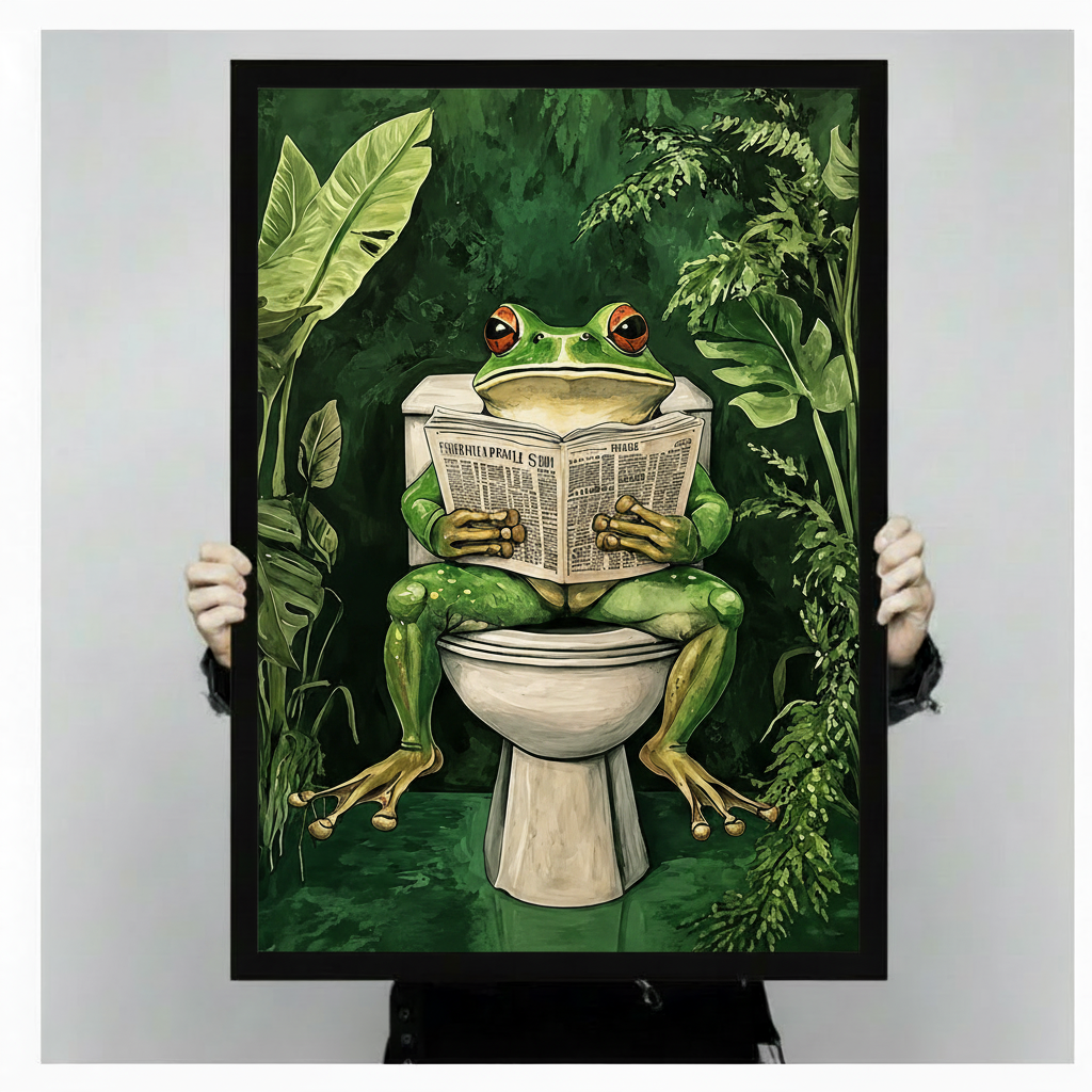 Frog Reading Newspaper Tropical Bathroom Canvas Art