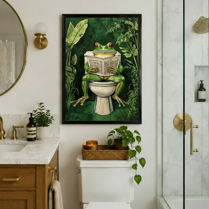 Frog Reading Newspaper Tropical Bathroom Canvas Art