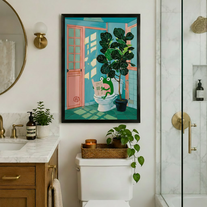 Frog Reading Newspaper Funny Bathroom Canvas Art