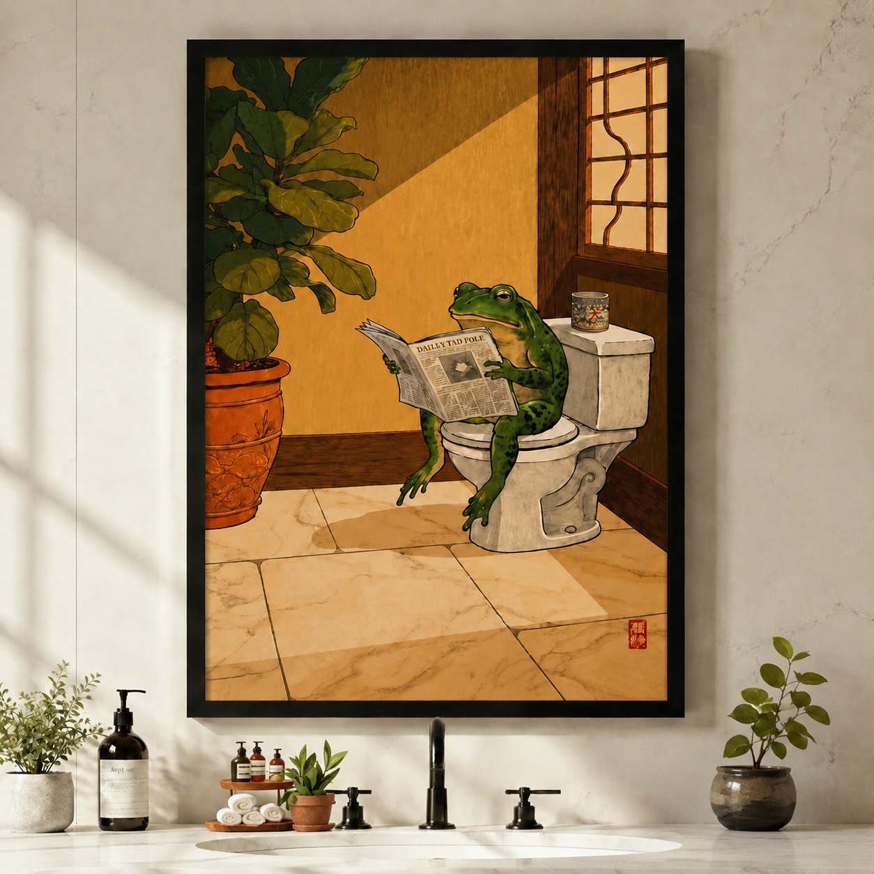 Frog Reading Newspaper Toilet Funny Canvas Art