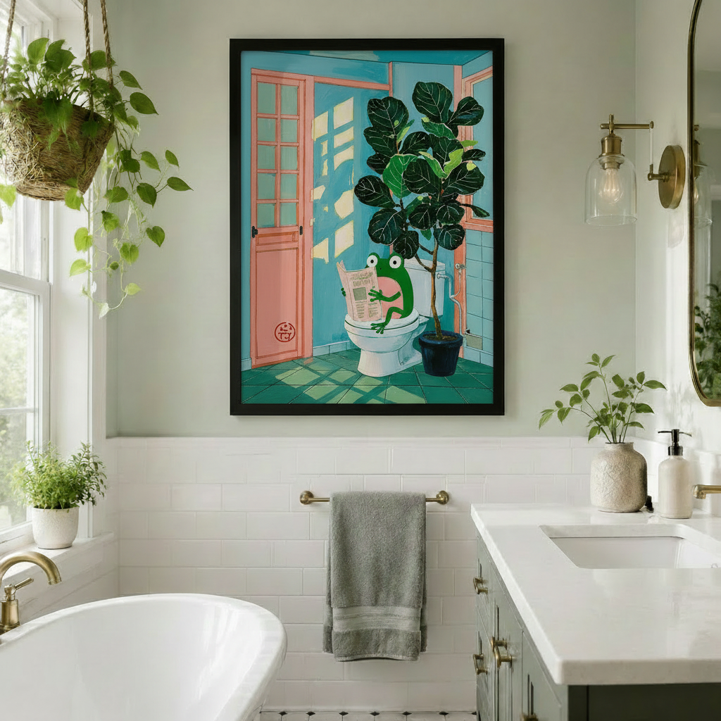 Frog Reading Newspaper Funny Bathroom Canvas Art