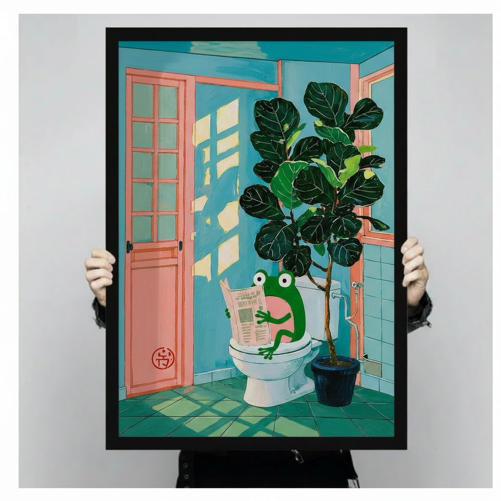 Frog Reading Newspaper Funny Bathroom Canvas Art