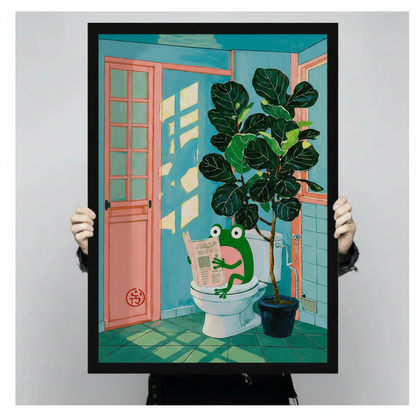 Frog Reading Newspaper Funny Bathroom Canvas Art