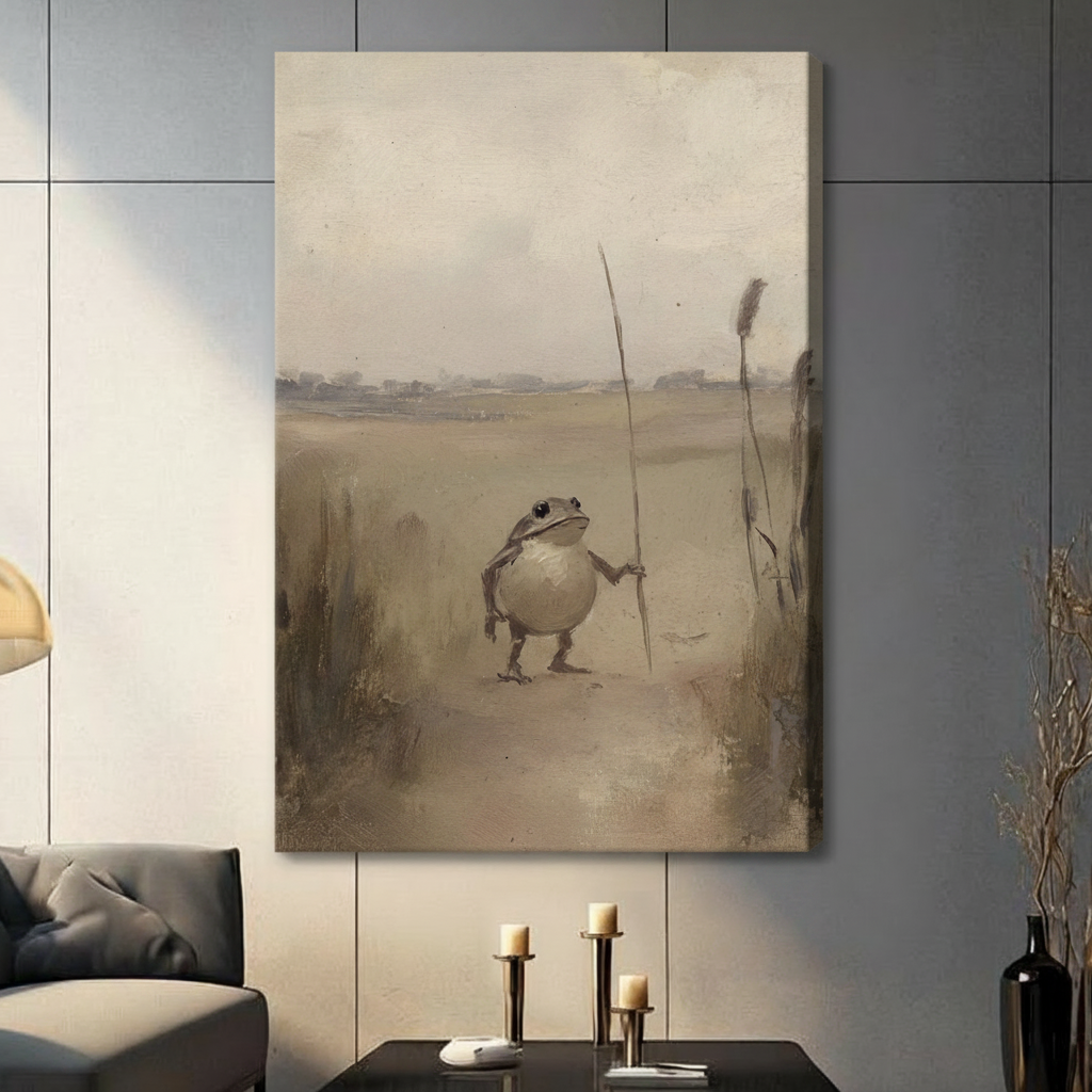 Vintage Frog with Staff Antique Oil Painting Canvas
