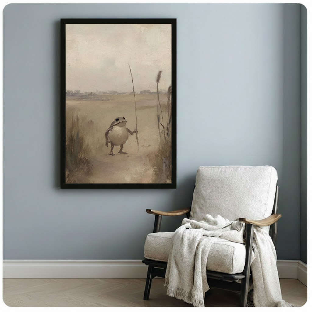 Vintage Frog with Staff Antique Oil Painting Canvas