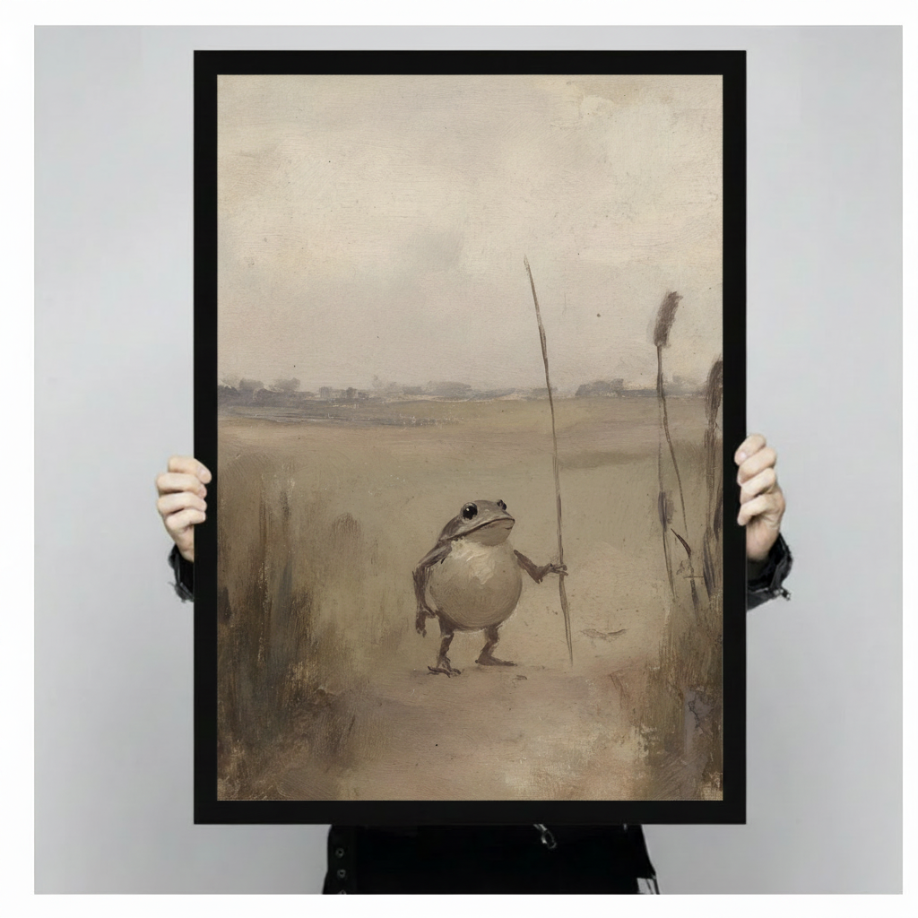 Vintage Frog with Staff Antique Oil Painting Canvas
